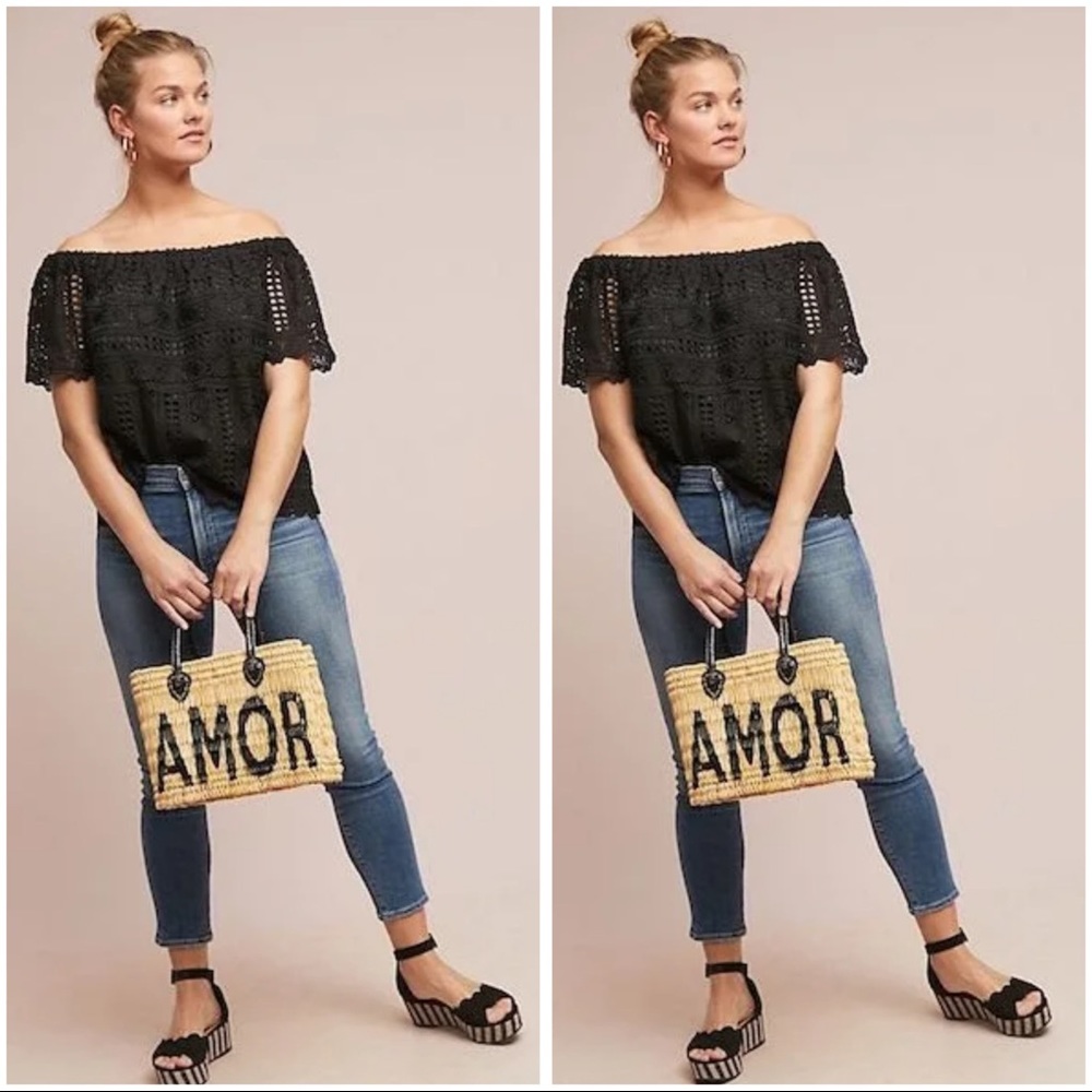 Anthropologie Sunday in Brooklyn Evie Off shoulder Lace top Black